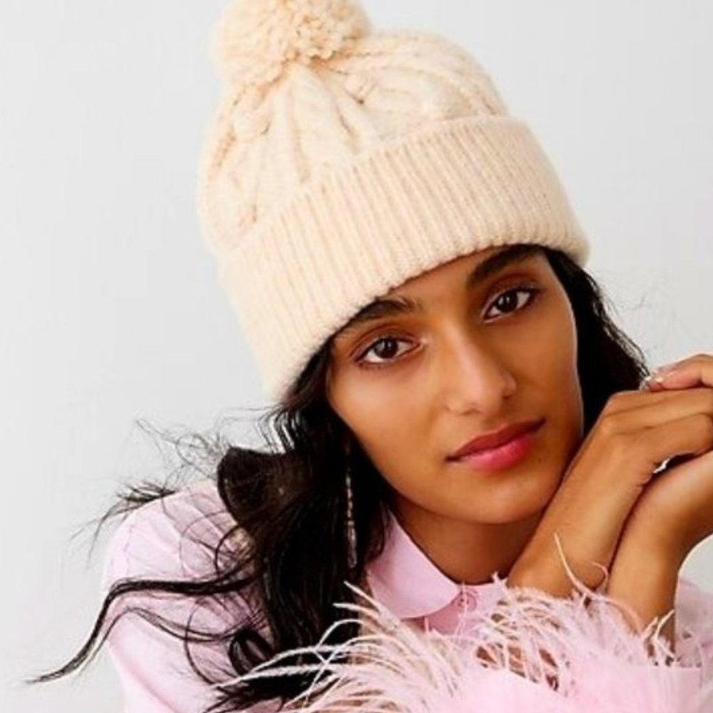 J. Crew Chunky Cable Wool Blend Knit Pom Pom Beanie In Natural Heather NWT